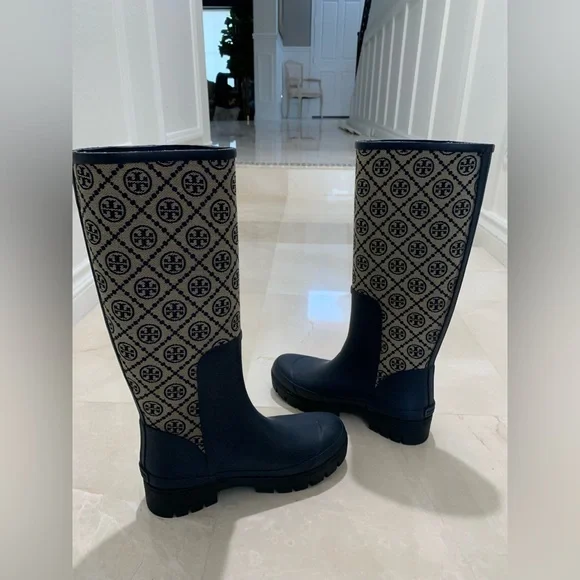TORY BURCH T Monogram Tall Rain Boots Perfect Navy US 7